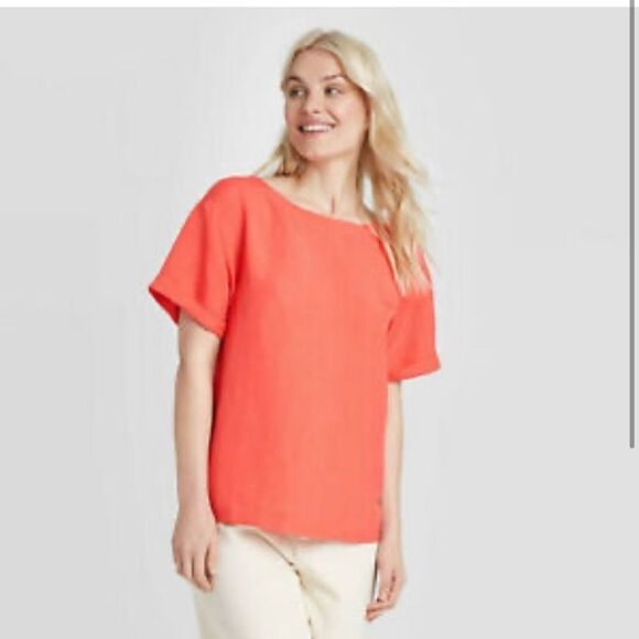 A New Day Vibrant Tangerine Linen Blend Top - Picture 3 of 14